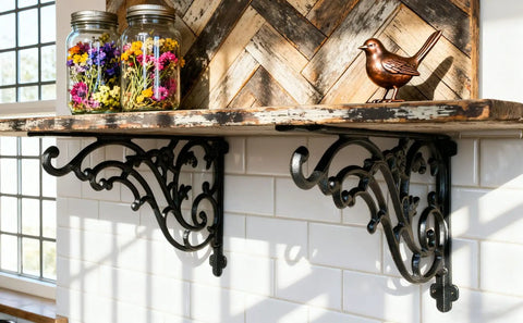 16 Inch Cast Iron Shelf Brackets 4 Pack Black Corbels mounted under a rustic shelf with decorative jars and a bird figurine.