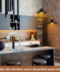 Six Piece Black Metal Umbrella Pendant Lights With A Slick Retro Industrial Look And Solid Farmhouse Vibe Making A Popular Choice For Any Kitchen Table Or Dining Nook Using Dead Easy E26 Mounts in modern kitchen setting.