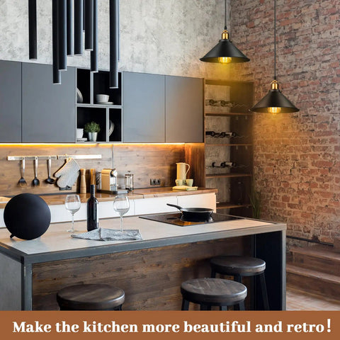 Six Piece Black Metal Umbrella Pendant Lights With A Slick Retro Industrial Look And Solid Farmhouse Vibe Making A Popular Choice For Any Kitchen Table Or Dining Nook Using Dead Easy E26 Mounts in modern kitchen setting.