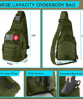 Front and back view of green 600D nylon crossbody bag with D-shape rings, molle system, and concealed pocket for 251 Essentials Survival Gear Kit With Crossbody Bag All In One Emergency First Aid And Outdoor Gear For Earthquakes Hiking Camping And Adventure A Prepper Grade Gift For Men And Women This Christmas.