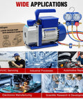 Straight Up Heavy Duty 3.5 CFM 1/4 HP 110V Single Stage AC Vacuum Pump And Gauge Set Kit displayed with applications and a gauge.