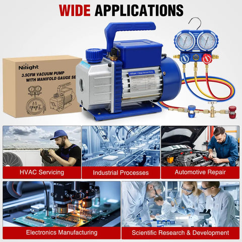 Straight Up Heavy Duty 3.5 CFM 1/4 HP 110V Single Stage AC Vacuum Pump And Gauge Set Kit displayed with applications and a gauge.