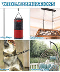 Wide applications of 26.2 Ft Black Chain Link Heavy Duty 3 Sixteenth Inch Carbon Steel Hanging Chain Kit, used for chandeliers, punching bags, dog leashes, and hammock chairs.