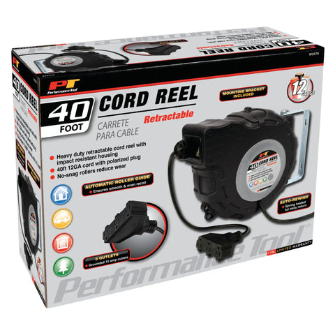 Box packaging for 40 Foot 12 Gauge Retractable Power Cord Reel With Auto Rewind Spring Loaded For Easy Recoil Heavy Duty Extension Cord Organizer