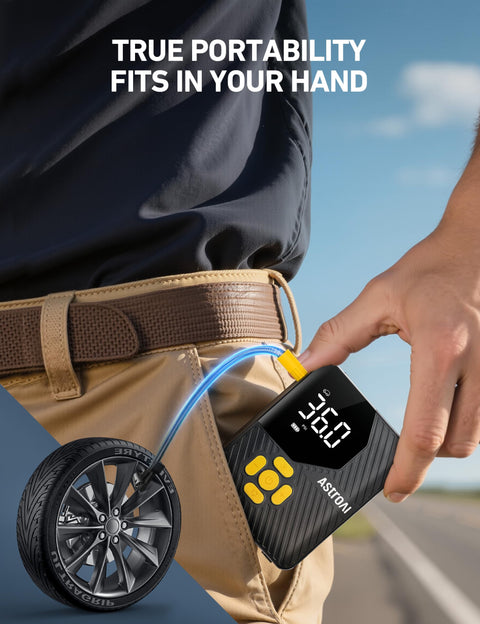L7 Mini Tire Inflator Portable Air Compressor with LED Light in hand, showing size and portability for easy carrying
