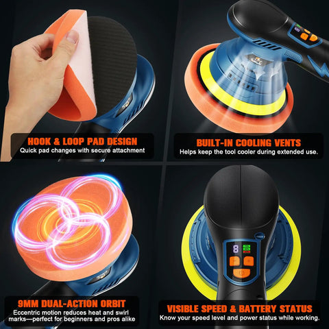 Cordless Dual Action Car Buffer Polisher with 8 speeds, showing hook and loop pad, cooling vents, and digital speed display