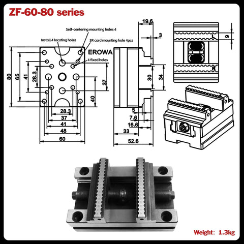 Built Tough Five Axis Self Centering Vise With Quick Swap Jaw Setup And Dead Nuts Alignment For Hassle Free Milling And Knockout Workholding Performance Erowa Compatible, showing detailed dimensions and design features.