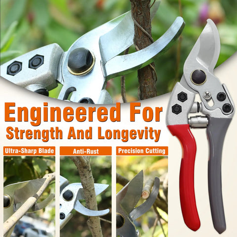 8 Inch Bypass Pruning Shears Pro Grade Garden Scissors with Sharp SK5 Carbon Steel Blade and Teflon Coating in use on tree