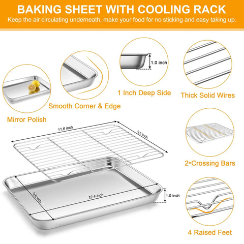 Stainless Steel Quarter Sheet Pan With Rack 9x13 Inch, features and dimensions, wire cooling rack for toaster ovens, oven safe.