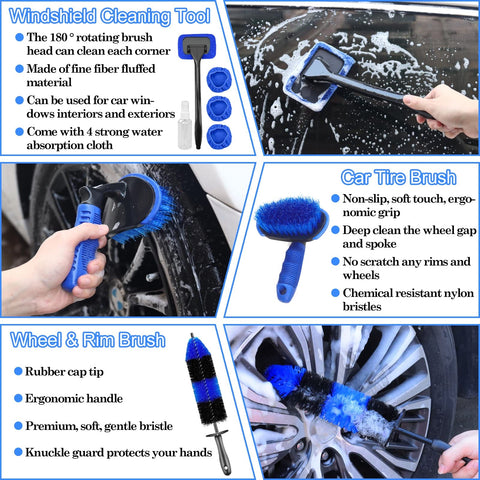 All In One 26 Piece Car Detailing Brush Set With Drill Brushes, Wire Scrubbers, and Absorbent Cloth in use on car