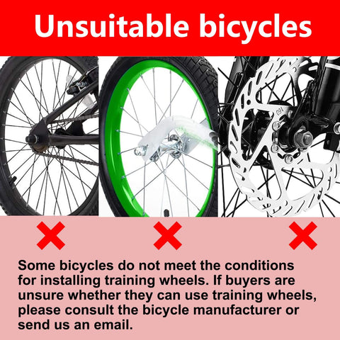 Unsuitable bicycles for Quiet Training Wheels Kit For 12 To 20 Inch Kids Bikes, image shows incompatible wheel designs.