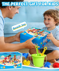 Child receiving Epic 19-Piece Beach Sand Toy Set For Kids Ages 3 To 13 with bucket, molds, and watering can in packaging