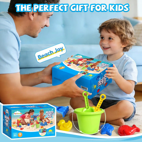 Child receiving Epic 19-Piece Beach Sand Toy Set For Kids Ages 3 To 13 with bucket, molds, and watering can in packaging