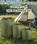 Three Pack Waterproof Dry Bags Set Ultralight Lightweight Dry Sacks 6L 10L 20L for hiking camping kayaking shown outdoors