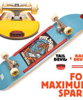Sparking Skateboard Rails With Infused Flint Cylinders on blue skateboard, showcasing graphic and red rails for maximum spark.