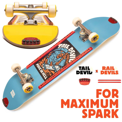 Sparking Skateboard Rails With Infused Flint Cylinders on blue skateboard, showcasing graphic and red rails for maximum spark.