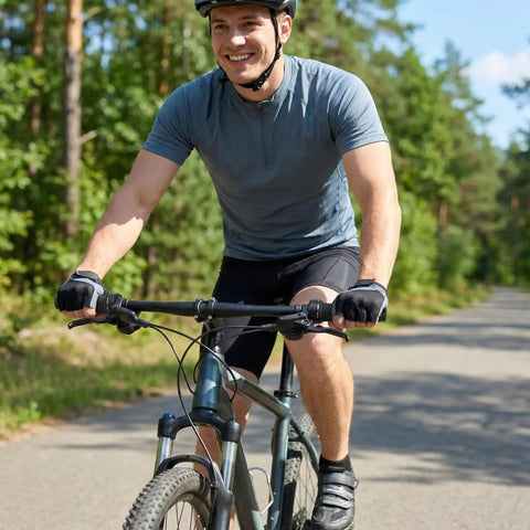 Cyclist riding with 21 Speed Twist Shifter Set With Left And Right Revoshift Grips For Mountain And Hybrid Bikes on a forest trail
