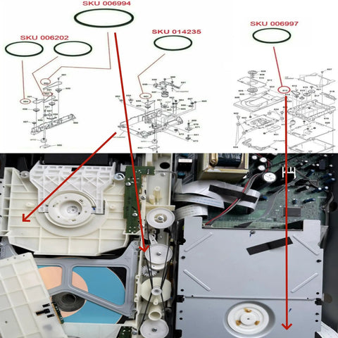CD Player Belt Kit Replacement for RCD W500C RCD W50C and RCD W2000ES with Five Belts and Tweezers Fully Complete Spare Part Set for Smooth Disc Drive Easy Install and Factory Style Fit, repair diagram and belt installation view
