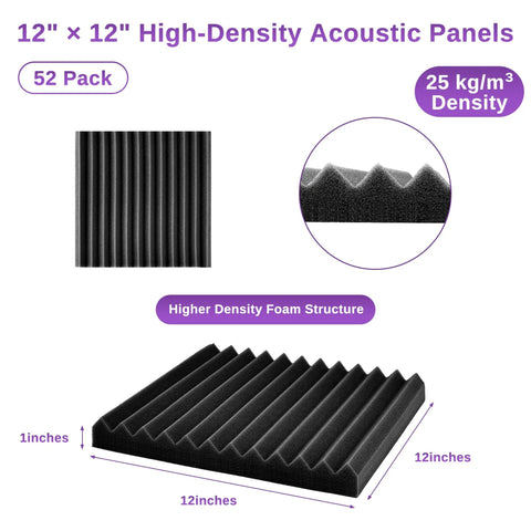 Top Shelf Acoustic Foam Panels 52 Pack Wedge Sound Dampening Wall Tiles For Recording Studios Home Offices And Gaming Rooms Pro Level Gear Black And Blue 1 Inch Thick 12x12 high-density foam panels