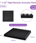 Premium High Density Acoustic Foam Panels 52 Pack Dampening Wall Tiles Solid Bang For Your Buck For Recording Studio Gaming Room Noise Blocking Treatment Black with ridged texture and 12x12 inch size.