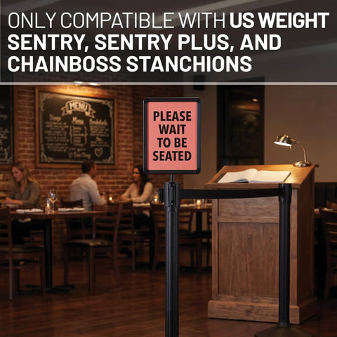 Sign Holder With Plexiglass Covers For Stanchions Compatible With Chain Boss And Sentry Posts in restaurant setting