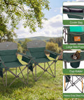 Two dark green oversized camping chairs on grass, with cooler bag, cup holder, side pocket. Heavy-duty steel frames visible.
