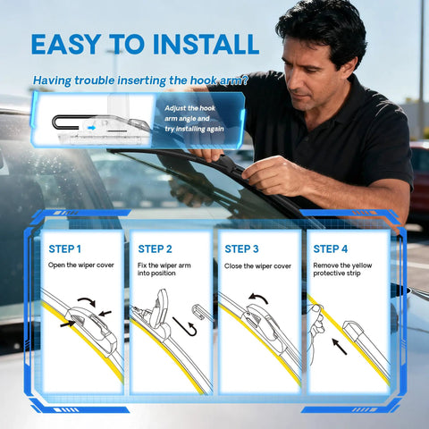 Man installing Silicone 24 Inch Wiper Blades Replacement Kit For RAM 1500 2019-2024, step-by-step guide, all-weather durability