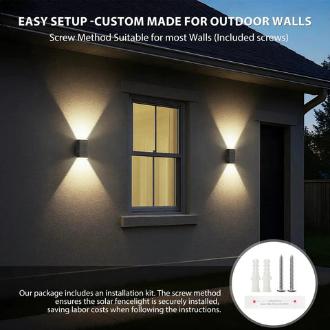 Hella Bright Solar Wall Light Outdoor Featuring Slick Up And Down Lighting installed on an outdoor wall with included screws.