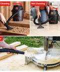 Compact Wet Dry Vacuum With 2 Point Zero Peak Hp Motor And 1 Point Five Gallon Bucket used for dry and wet cleaning in garage and workspace.