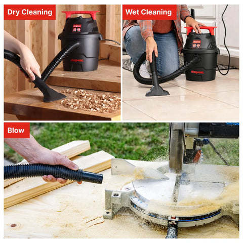 Compact Wet Dry Vacuum With 2 Point Zero Peak Hp Motor And 1 Point Five Gallon Bucket used for dry and wet cleaning in garage and workspace.