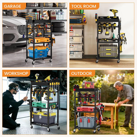4 Tier Tool Organizer Cart With Magnetic Tool Holder Strip, shown in garage, tool room, workshop, and outdoor settings