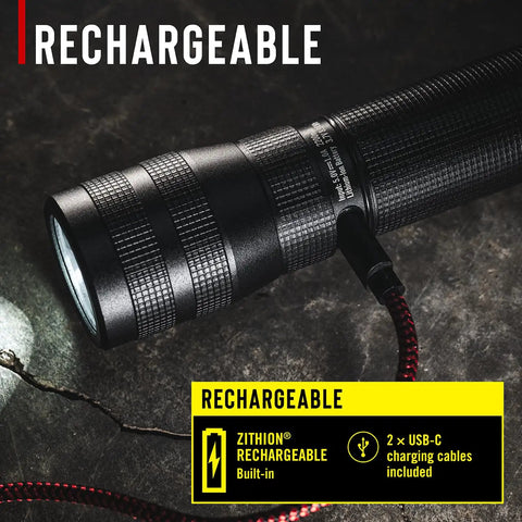 Close-up of G60R 1000 Lumen Waterproof Rechargeable LED Flashlight Two Pack With Twist Focus Optic showing USB-C charging port and cable.