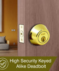 Keyed Alike Single Cylinder Deadbolt Lock Set 4 Pack With Polished Brass Finish For Front Or Exterior Doors Installed on Door