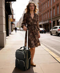 Underseat Carry On Luggage With Wheels For Travel Airline Approved Personal Item Bag With Leather Handle Black Gold on city street