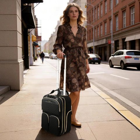 Underseat Carry On Luggage With Wheels For Travel Airline Approved Personal Item Bag With Leather Handle Black Gold on city street