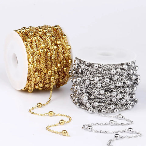 33ft 2mm Stainless Steel Satellite Bead Chain Roll Bulk For Jewelry Making, 304 Stainless Steel Nickel Free And Lead Free Cable Chain With 4mm Beads, Ideal For Necklaces, Bracelets, And Artisan Jewelry Projects. Gold and silver bead chain rolls on spools