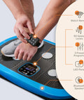 Close-up of Rumblex Plus 4D Vibration Plate Exercise Machine being adjusted with watch remote, highlighting controls and features.