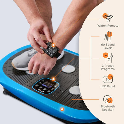 Close-up of Rumblex Plus 4D Vibration Plate Exercise Machine being adjusted with watch remote, highlighting controls and features.