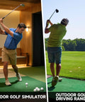 Golfer using 16 Piece Golf Tee Set with Rubber Stands and Bamboo Tees for Mats Tee Up at Indoor Driving Range and Golf Simulators.