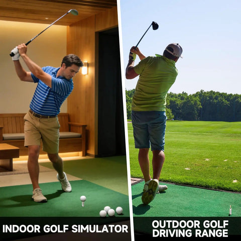 Golfer using 16 Piece Golf Tee Set with Rubber Stands and Bamboo Tees for Mats Tee Up at Indoor Driving Range and Golf Simulators.