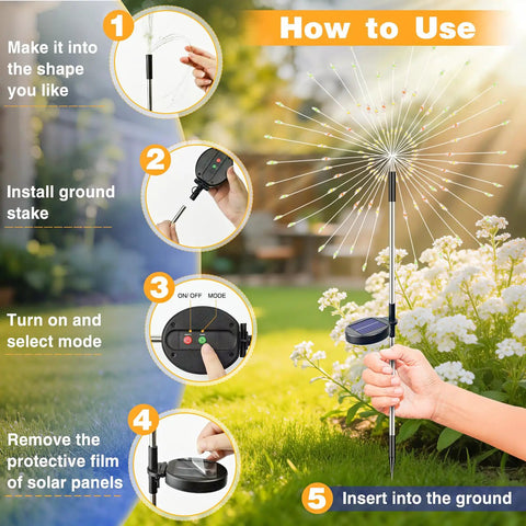 Instructions for Solar Powered Outdoor Fairy Lights With 8 Modes And 120 Led Firework Effect Multicolor setup in garden