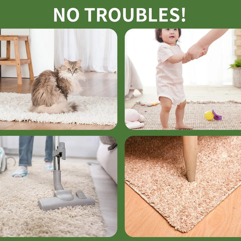 Cat, child, and vacuum on carpet held by No Slip Rug Gripper Discs 12 Pack Double Sided Reusable Rug Tape To Keep Area Rugs Flat.