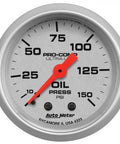 Auto Meter Pro-Comp Ultra-Lite oil pressure gauge, front view; silver bezel, red needle, 0-150 PSI scale.
