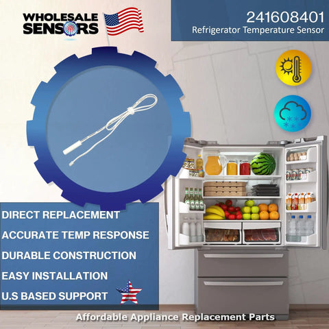 Premium Refrigerator Thermistor Replacement 241608401 With 12 Month Warranty And USA Support, shown with open fridge.