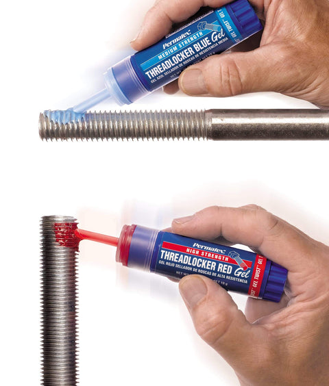 Hands applying Red High Strength Threadlocker Gel 10 G OEM Spec Heavy Duty Locking Gel on metal fasteners.