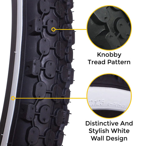 Close-up of 26 inch white wall bicycle tire for beach cruiser showcasing knobby tread pattern and stylish sidewall.