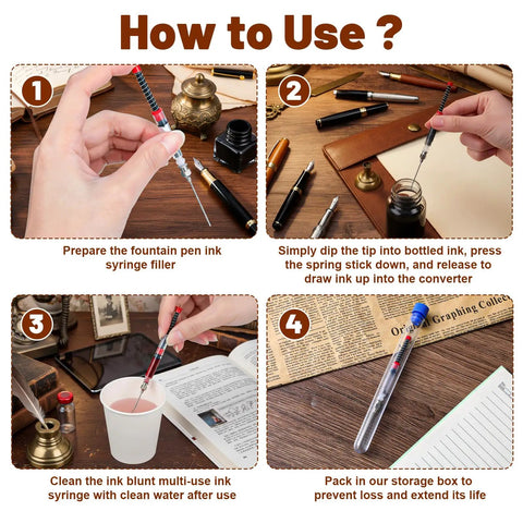 Instructions for 6 Pack Fountain Pen Ink Syringe Fillers With Storage Tube Spring Converter Refill Tool For Ink Cartridges