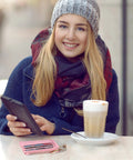Woman at cafe with Slim RFID Blocking Wallet For Women With Front Pocket Card Case, Chic Pink on table