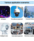 Application scenarios for Beefy 600W 36V DC Switching Power Supply including LED lights, CCTV, motors, robots, and automated systems.