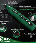 Mini Cordless Rotary Tool Kit With 69 Pieces, 5 Speed USB C Charging, Grab And Go Portable DIY Craft Set For Carving, Sanding, Grinding, Polishing, Drilling And Engraving On Wood, Resin, And Plastic. Green handle with USB-C port and speed buttons.